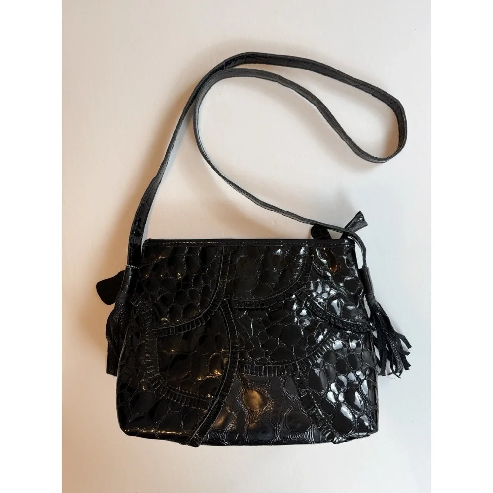 Chaos Y2K Vintage Black Patent Leather Croc Embossed Tassel Shoulder Bag Purse